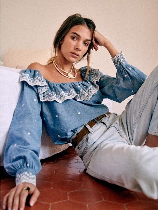 Sezane Tops - Sezane Women's Blue chambray Embroidered Ruffle Neck Top size 34